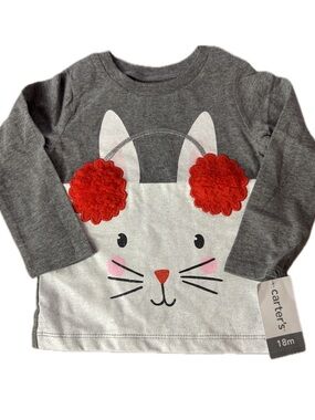 Carter's Cotton Gray & White Bunny Long-Sleeve Top Red Orange Pom Ear Accent